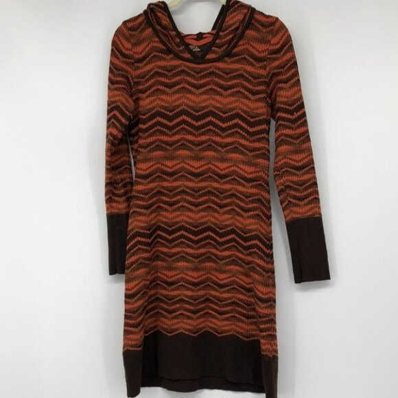 Prana Meryl hooded a chevron orange and brown long sleeve sweater dress small - Picture 3 of 14